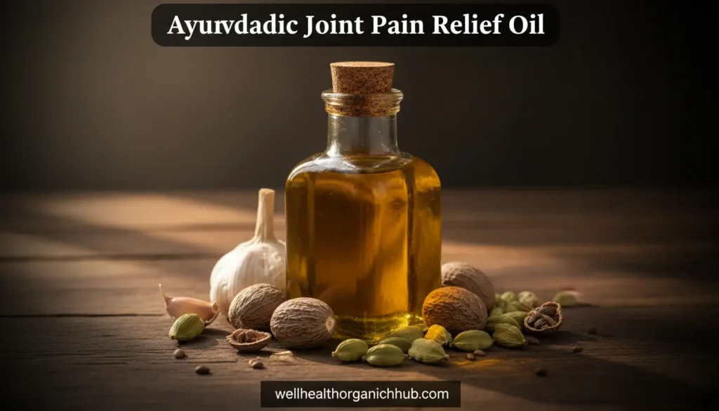 Ayurvedic Joint Pain Relief Oil with garlic and nutmeg on a wooden background