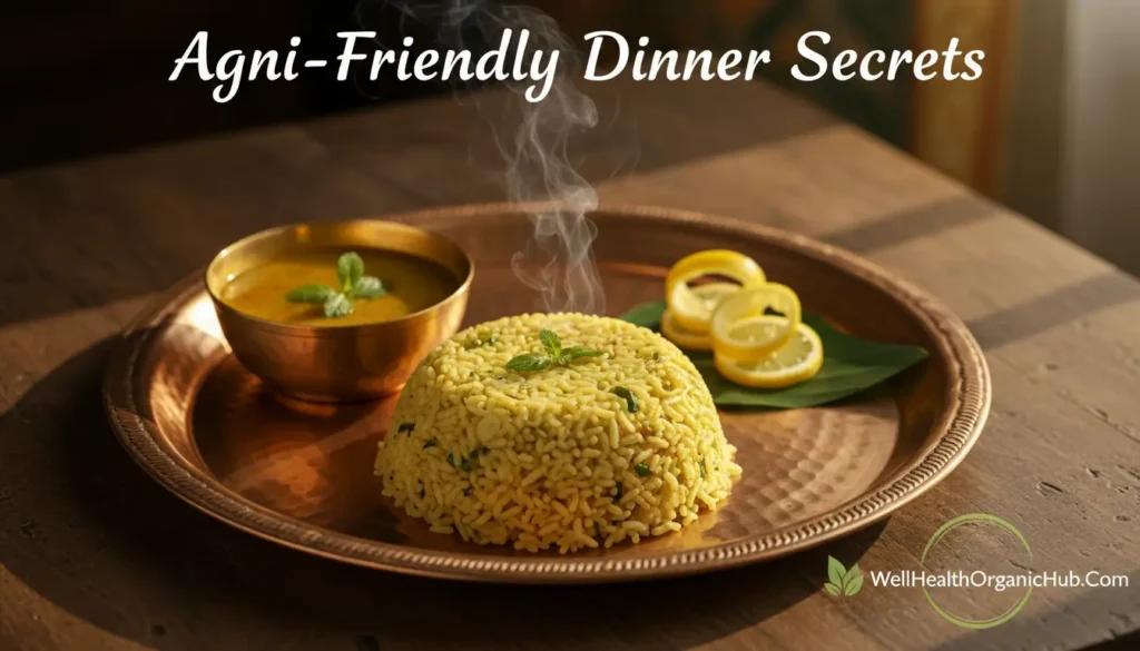 Ayurvedic dinner thali with Moong Dal Khichdi and spices for better digestion and immunity.