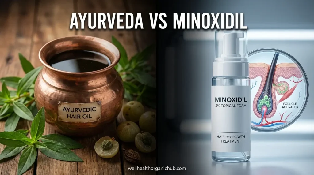 Ayurvedic hair oil vs Minoxidil bottle comparison for hair regrowth