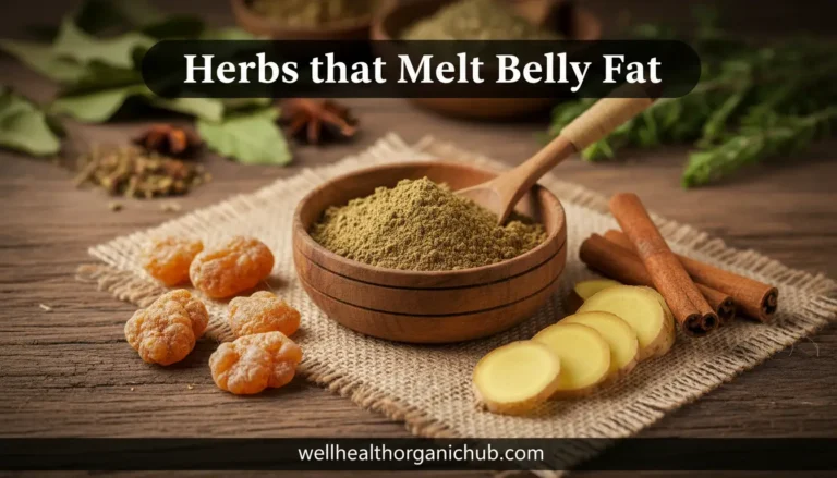 Ayurvedic herbs for weight loss including guggul, triphala, and ginger on a rustic setup