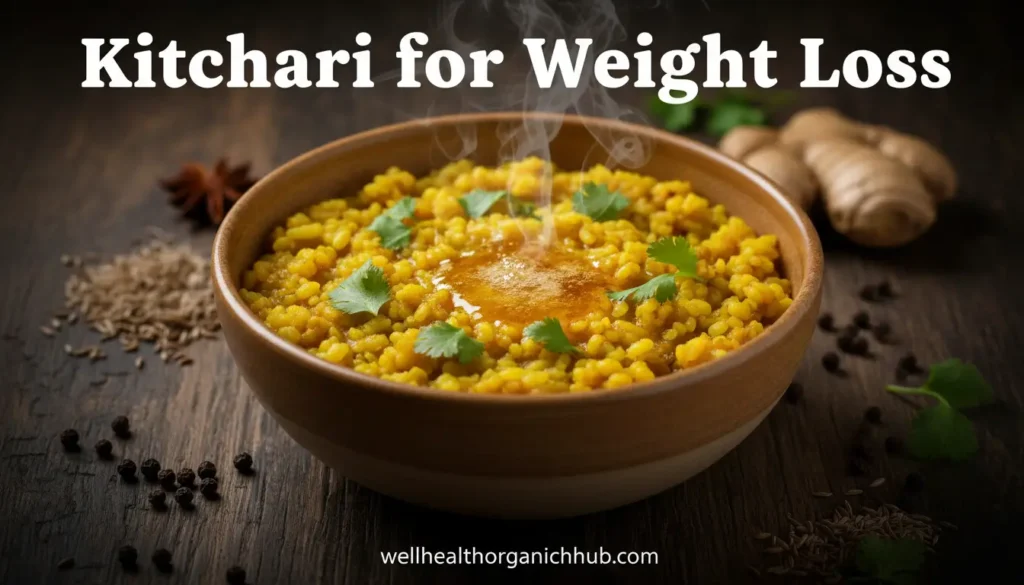 Kitchari for weight loss with ghee and Ayurvedic spices on a rustic table