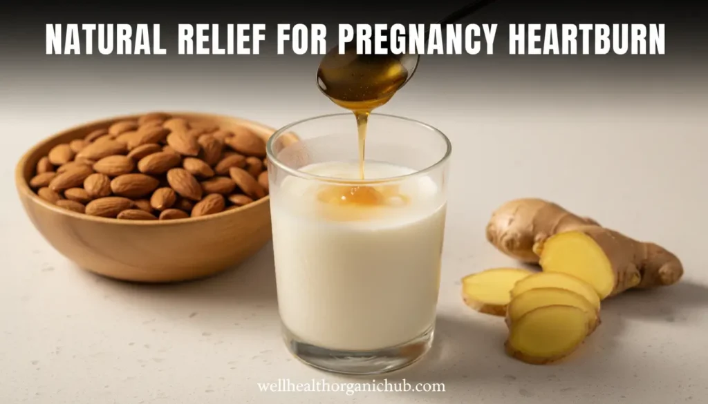 Natural home remedies for pregnancy heartburn including milk, almonds and ginger.