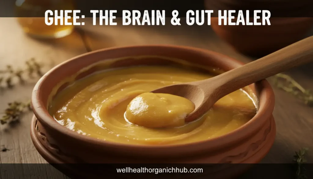 Organic A2 Ghee in a traditional bowl for gut and brain health wellness