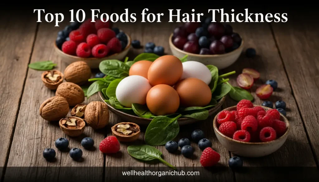 Top foods for hair thickness and regrowth featuring eggs and spinach wellhealthorganichub.com
