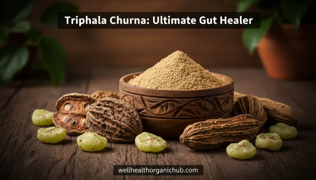 Triphala Churna fruits and powder for digestive health.