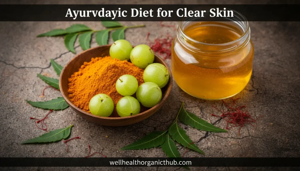 Ayurvedic diet ingredients for clear skin featuring turmeric, amla, and ghee on wellhealthorganichub.com