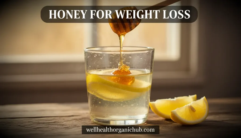 Honey for weight loss: raw honey with lemon and warm water on a table
