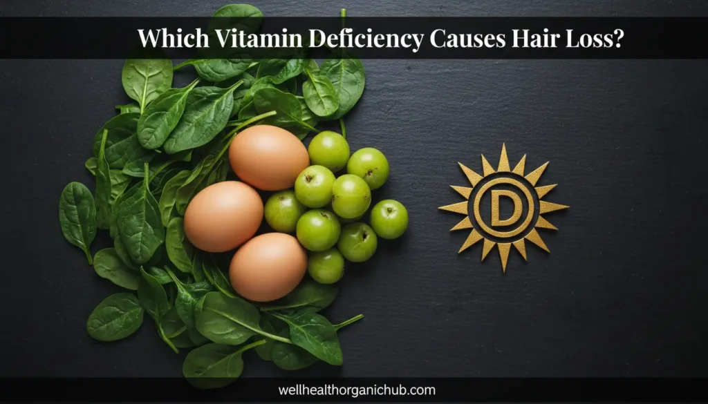 Guide on which vitamin deficiency causes hair loss featuring organic foods and clinical vitamins