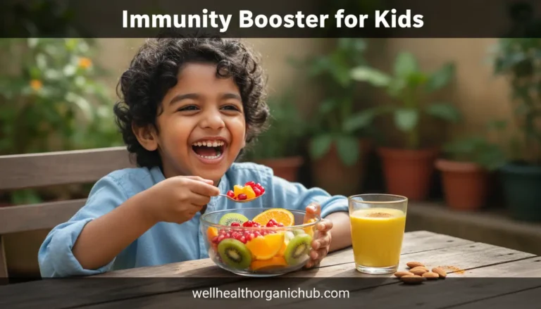 Healthy Indian child eating immunity boosting fruits and haldi doodh
