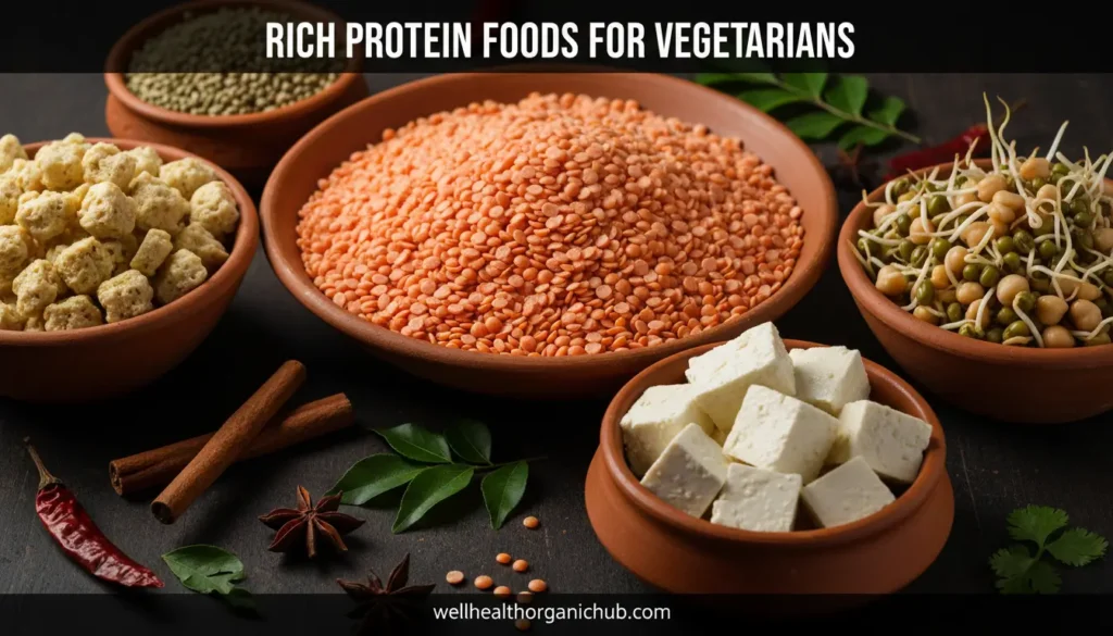 High protein vegetarian foods including paneer, soya, and lentils for muscle growth