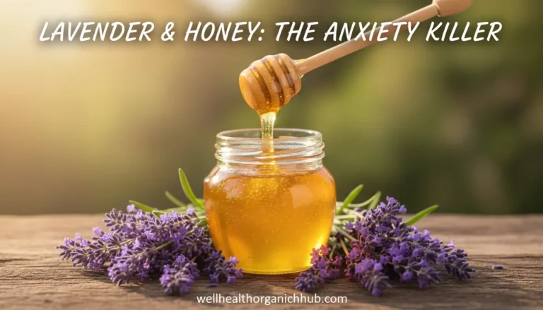 Lavender sprigs and a jar of honey illustrating natural benefits for anxiety and sleep