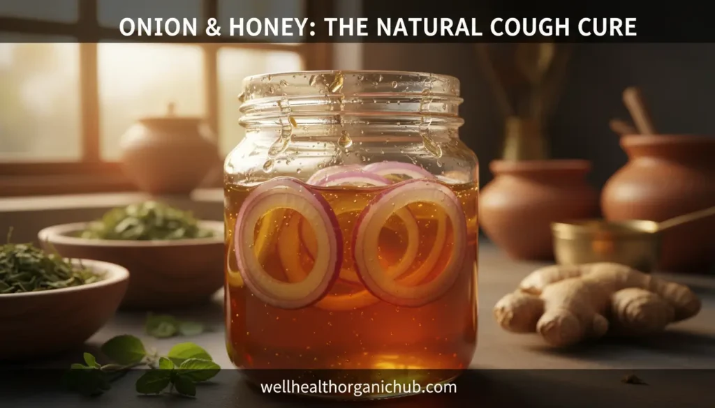 Onion and Honey syrup in a glass jar for natural cough relief with Ayurvedic herbs