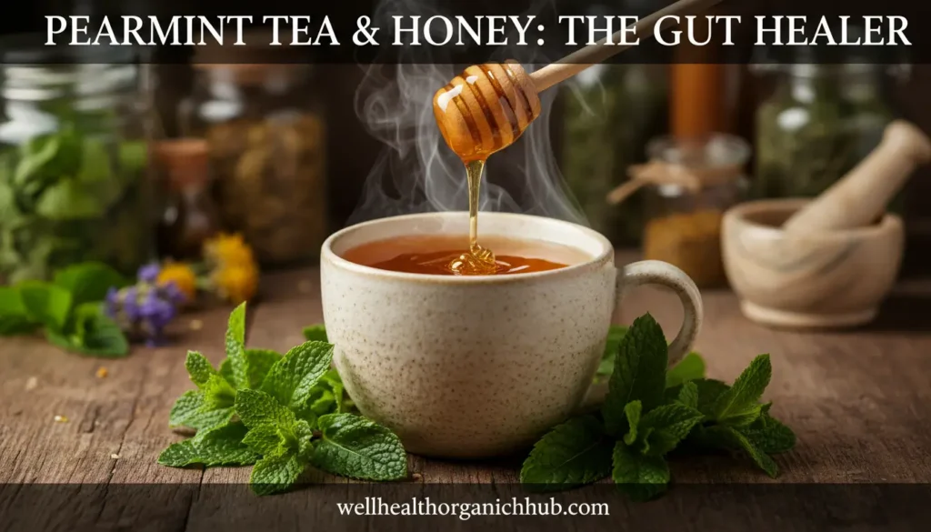 Steaming peppermint tea with golden honey being drizzled for digestive health benefits