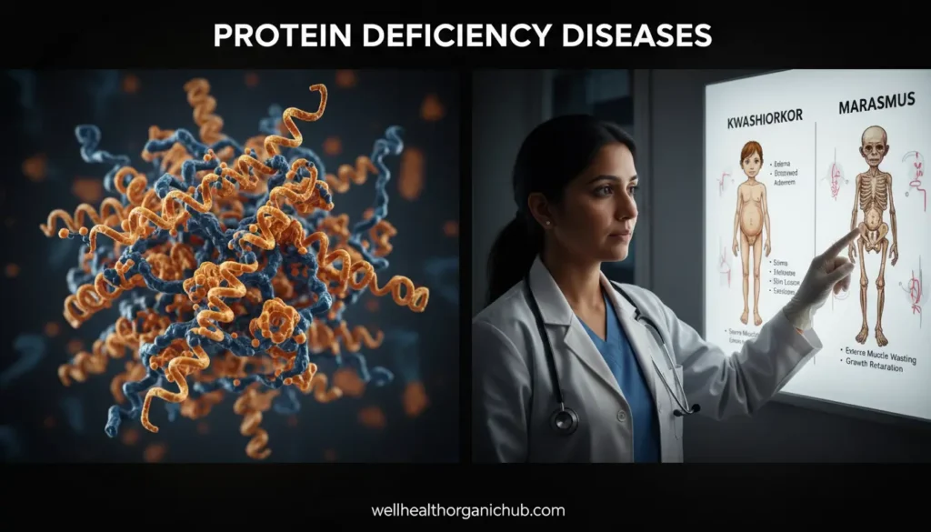 disease caused by deficiency of protein like Kwashiorkor and Marasmus
