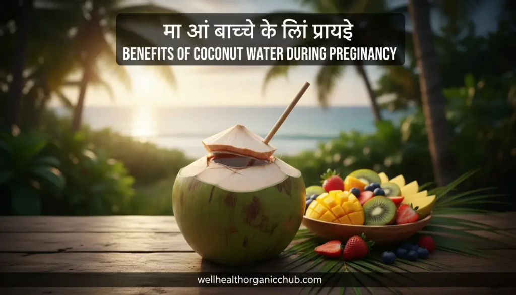 benefits of coconut water during pregnancy - Fresh green coconut with straw on a tropical background